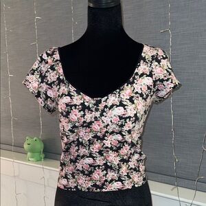 Forever 21 Black Floral Scoop Crop Top with Pink Roses
